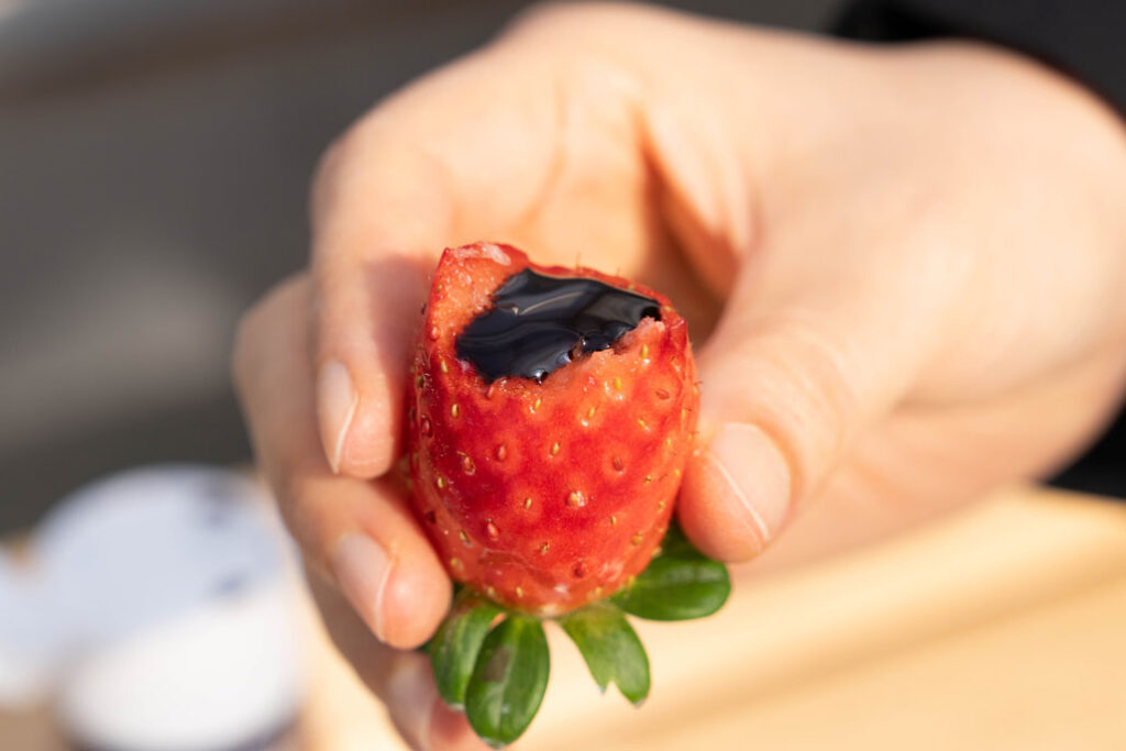 華やぎ観光農園でいちごとチョコを食べる画像